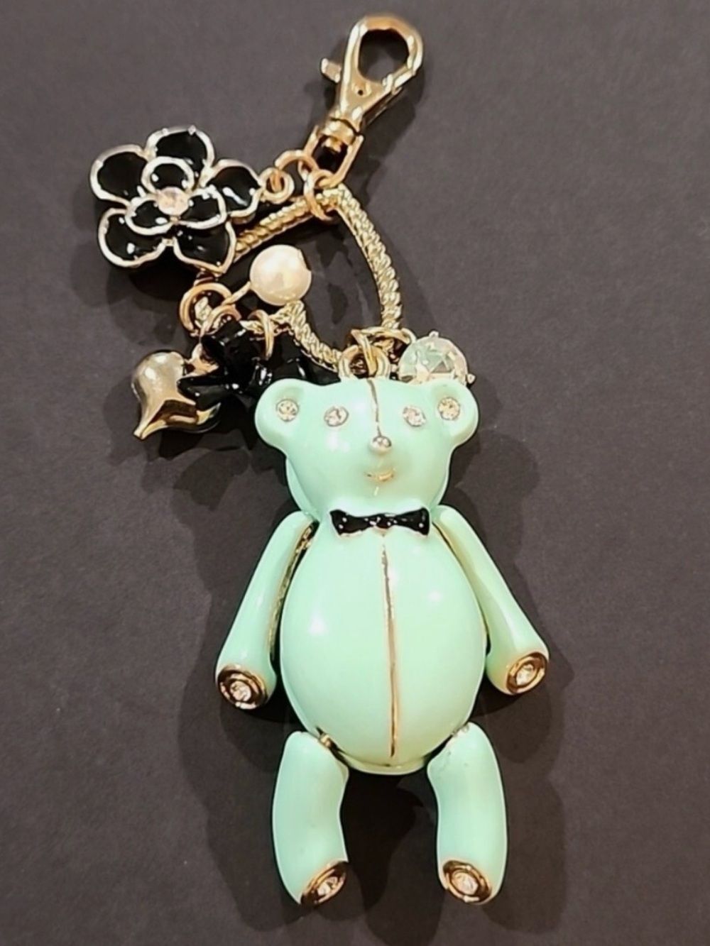 Rare Vintage 3D Enamel Bear with Flower, Hearts, Pearl, Bow & Crystal Charms
